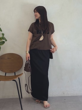 「DouDou（ドゥドゥ）の接触冷感2WAYフロッキーロゴTEE（Tシャツ/カットソー、ブラウン系）」を使った、doudouchinamiさん（レディース・163cm）の夏コーディネート