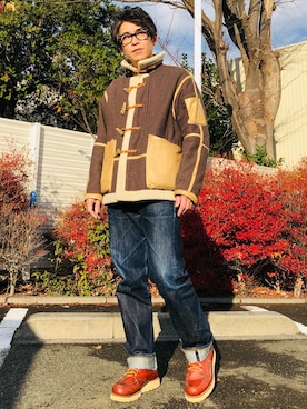 「革靴」｜「アイテム（ムートンコート）」を使った、harutoexplorerさん（メンズ・174cm）の冬コーディネート