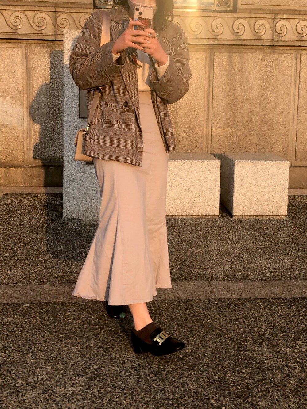 「春服みてみて、春、ロングスカート、チェックジャケット、GRLコーデ、GRL」｜「GRLのアイテム（スカート、ピンク系）」を使った、mana1413さん（レディース・164cm）の春コーディネートの1枚目の写真