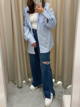 「one after another NICE CLAUP（ワンアフターアナザーナイスクラップ）のアイテム（デニムパンツ）」を使った、べりこさん（レディース・157cm）の夏コーディネート