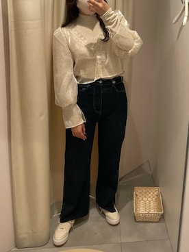 「one after another NICE CLAUP（ワンアフターアナザーナイスクラップ）のアイテム（デニムパンツ）」を使った、べりこさん（レディース・157cm）の秋コーディネート