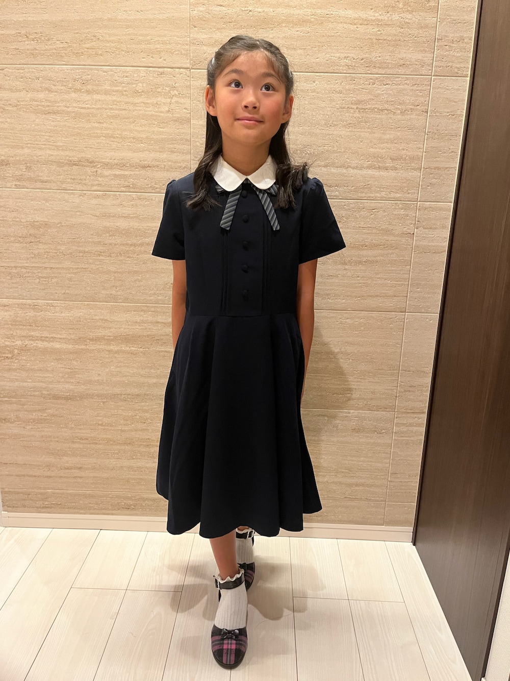 「式服、フォーマル/セレモニー、始業式、チェックパンプス、小学生、秋服準備はじめました」｜「any Famのアイテム（ワンピース、ブルー系）」を使った、springbluespringさん（キッズ・131cm）の秋コーディネートの1枚目の写真