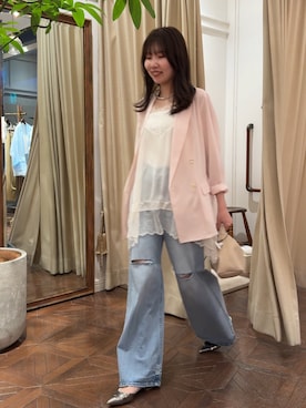 「LOUNGEDRESS（ラウンジドレス）のリネンライクシアージャケット（テーラードジャケット、ピンク系）」を使った、ldminamimotoさん（レディース・163cm）の春コーディネート