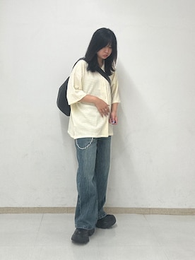 「tk.TAKEO KIKUCHI（ティーケータケオキクチ）のアイテム（パンツ）」を使った、MANAさん（レディース・164cm）の夏コーディネート