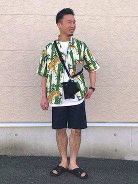 「B.C STOCK（ベーセーストック）のORIENTAL ALOHA カバーオールシャツ（シャツ/ブラウス、ベージュ系）」を使った、yuujirouさん（メンズ・170cm）の夏コーディネート
