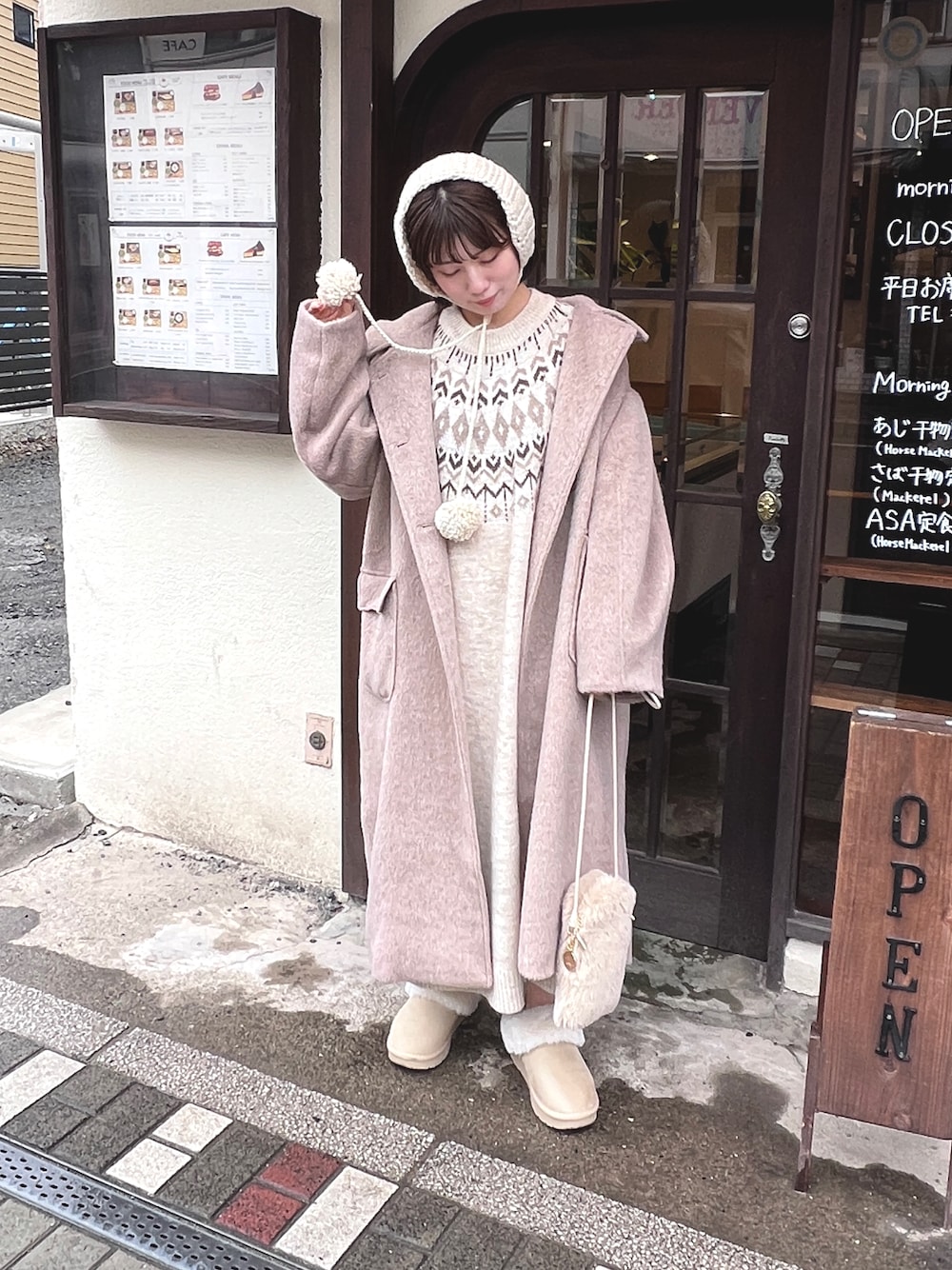 moi tytto フラップポケットスタンドカラーロングコート チェック柄 