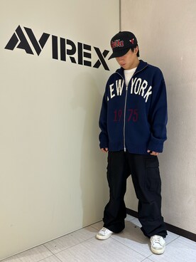 「AVIREX（アヴィレックス）の《直営店別注》DRIVERS COTTON KNIT / ドライバーズ コットン ニット / セーター / AVIREX / アヴィレックス（ニット/セーター、ブルー系）」を使った、Taiseiさん（メンズ・165cm）の秋コーディネート