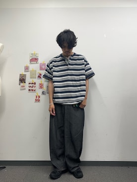 「CIAOPANIC（チャオパニック）の（ボーダー/無地）ヘンリーネックアソートTシャツ（Tシャツ/カットソー、グレー系）」を使った、hsm58さん（メンズ・173cm）の春コーディネート