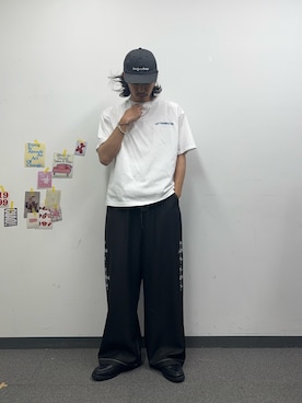 「CIAOPANIC（チャオパニック）のワープメッセージロゴTシャツ（Tシャツ/カットソー、ホワイト系）」を使った、hsm58さん（メンズ・173cm）の春コーディネート