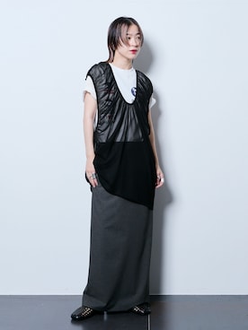 「CITYSHOP（シティーショップ）のGATHERED CHIFFON TANK：ブラウス（シャツ/ブラウス、ブラック系）」を使った、YAMASHITAさん（レディース・156cm）の夏コーディネート