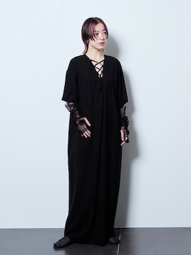 「CITYSHOP（シティーショップ）のLACE UP DRESS：ワンピース（ワンピース、ブラック系）」を使った、YAMASHITAさん（レディース・156cm）の夏コーディネート