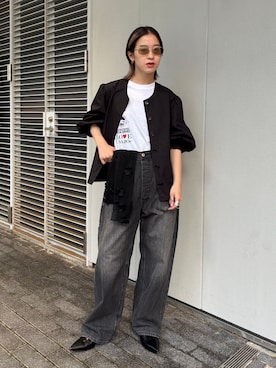 「Lee（リー）のLEE 別注 PAINTER PANTS：デニムパンツ（デニムパンツ、ブラック系）」を使った、YAMASHITAさん（レディース・156cm）の夏コーディネート