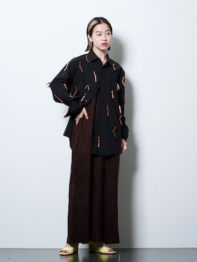 「CITYSHOP（シティーショップ）のFAUX SUEDE I-LINE DRESS：ワンピース（ワンピース、ブラウン系）」を使った、YAMASHITAさん（レディース・156cm）の春コーディネート