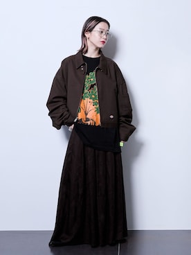「Dickies（ディッキーズ）のDICKIES 別注 EISENHOWER ジャケット（その他アウター、ブラウン系）」を使った、YAMASHITAさん（レディース・156cm）の夏コーディネート