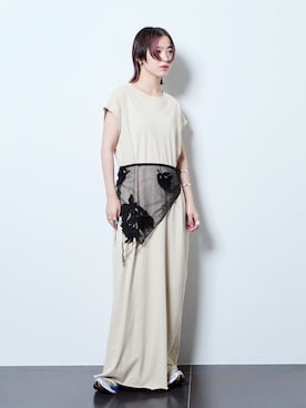 「CITYSHOP（シティーショップ）のCUTDRESS with SCARF：ワンピース（ワンピース、ベージュ系）」を使った、YAMASHITAさん（レディース・156cm）の夏コーディネート