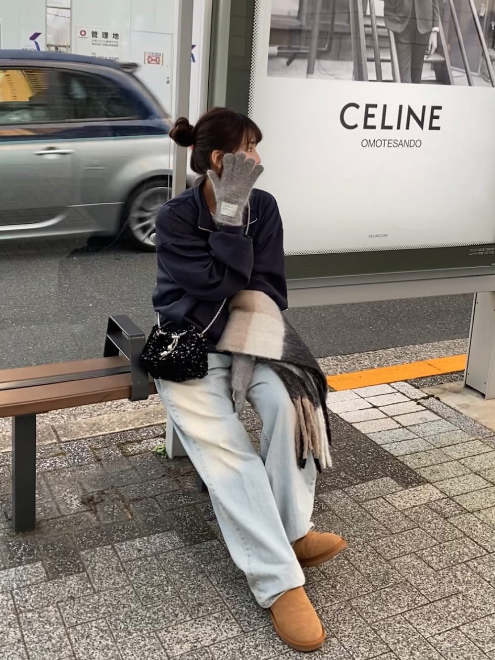 「新星WEARISTAにエントリー、デニムコーデ、ハーフジップ、ロングパンツ、ムートンブーツ、マフラーコーデ、カジュアルコーデ、秋冬コーデ」｜「patraのアイテム（デニムパンツ、ブルー系）」を使った、Rさん（骨格ウェーブ・レディース・153cm）の冬コーディネートの1枚目の写真