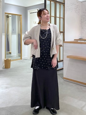 「LEPSIM（レプシィム）の《リネンライクドライシリーズ》ランタンショート5分袖ダブルジャケット　639422（テーラードジャケット、ベージュ系）」を使った、ありぺいさん（レディース・157cm）の春コーディネート