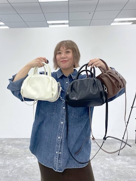 「LEPSIM（レプシィム）のラウンドタックミニバッグ　1049433（ショルダーバッグ、ブラウン系）」を使った、ありぺいさん（レディース・157cm）の夏コーディネート