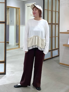 「LEPSIM（レプシィム）の異素材ヘムドッキングプルオーバー　1080842（Tシャツ/カットソー、ホワイト系）」を使った、ありぺいさん（レディース・157cm）の秋コーディネート