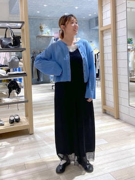 「LEPSIM（レプシィム）の12ゲージシアーランダムリブカーディガン 647492（カーディガン/ボレロ、ブルー系）」を使った、ありぺいさん（レディース・157cm）の春コーディネート