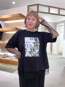 「LEPSIM（レプシィム）のシアーレースレイヤードT　887658（Tシャツ/カットソー、ブラック系）」を使った、ありぺいさん（レディース・157cm）の夏コーディネート