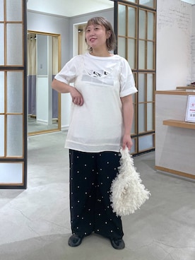 「LEPSIM（レプシィム）のドット刺繍パンツ　646561（その他パンツ、ブラック系）」を使った、ありぺいさん（レディース・157cm）の夏コーディネート