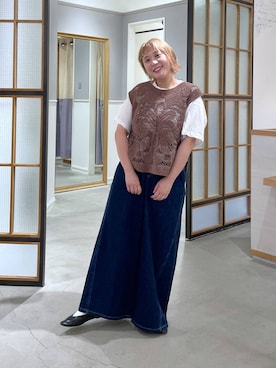 「LEPSIM（レプシィム）のスーパーワイドデニムパンツ　878906（デニムパンツ、ブルー系）」を使った、ありぺいさん（レディース・157cm）の夏コーディネート