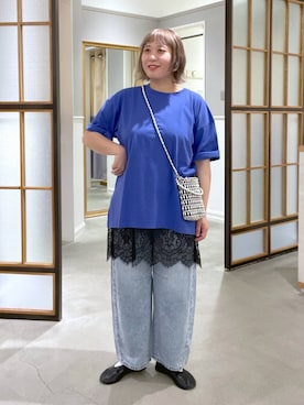 「LEPSIM（レプシィム）の《レプクル》バックパッチT　242850（Tシャツ/カットソー、ブルー系）」を使った、ありぺいさん（レディース・157cm）の夏コーディネート