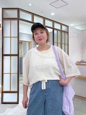 「LEPSIM（レプシィム）のBIGカラーショルダートート　1043478（トートバッグ、パープル系）」を使った、ありぺいさん（レディース・157cm）の夏コーディネート