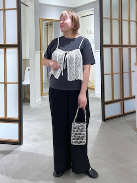 「LEPSIM（レプシィム）の《リネンライクドライシリーズ》ギャザーワイドパンツ　638911（その他パンツ、ブラック系）」を使った、ありぺいさん（レディース・157cm）の夏コーディネート