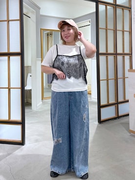 「LEPSIM（レプシィム）の2WAYレースキャミT　816421（Tシャツ/カットソー、ホワイト系）」を使った、ありぺいさん（レディース・157cm）の夏コーディネート