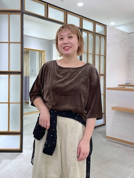 「LEPSIM（レプシィム）のシアーベロア2WAY6分袖プルオーバー　839453（Tシャツ/カットソー、ブラウン系）」を使った、ありぺいさん（レディース・157cm）の夏コーディネート