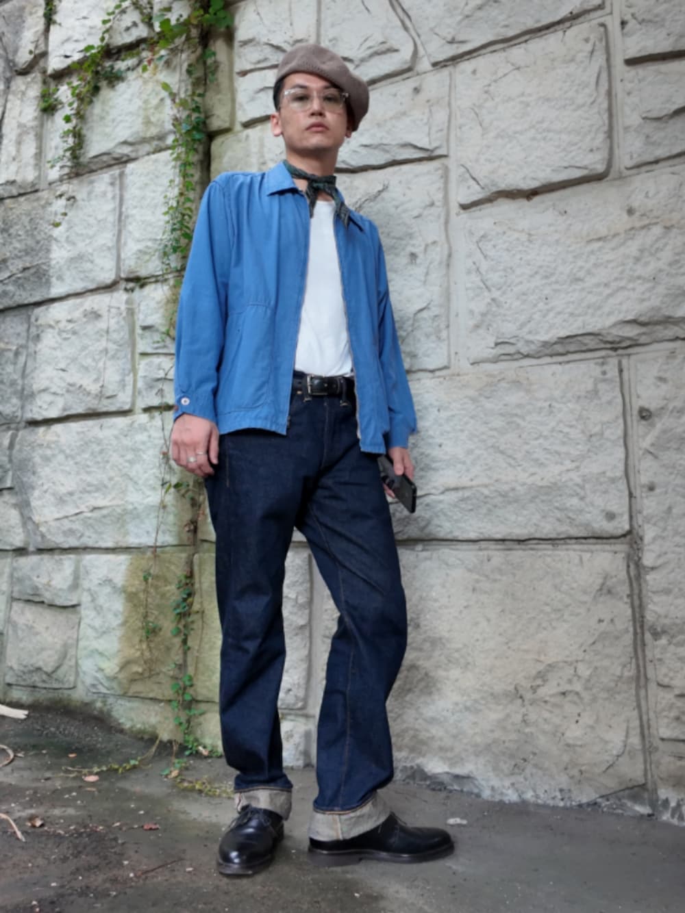 「メンズファッション、お洒落さんとつながりたい、大人カジュアル、今日のコーデ、古着、ビンテージ、ドリズラージャケット、初秋コーデ、マクレガー」｜「RACALのWhole Garment Single Knit Beret / ホールガーメントシングルニットベレー（ハンチング/ベレー帽、ベージュ系）」を使った、九条∞(くじょうえいと)さん（メンズ・168cm）の秋コーディネートの1枚目の写真