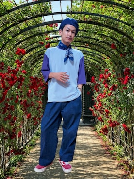 「A.PRESSE（アプレッセ）のType.1 Denim Trousers（スラックス）」を使った、九条∞(くじょうえいと)さん（メンズ・168cm・30代）の夏コーディネート