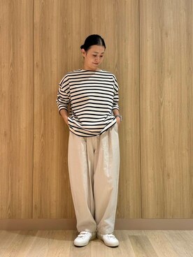 「かぐれ（カグレ）のボーダーワイドカットソー（Tシャツ/カットソー）」を使った、クボさん（レディース・161cm）の秋コーディネート