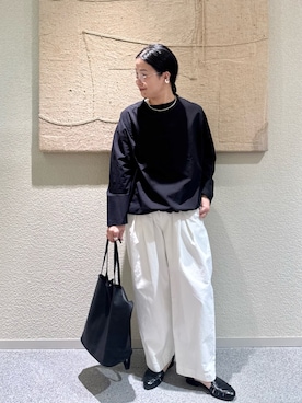 「かぐれ（カグレ）のタイプライタードロストプルオーバー（シャツ/ブラウス、ブラック系）」を使った、クボさん（レディース・161cm）の春コーディネート