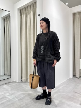 「かぐれ（カグレ）のリネンボイルワイドプルオーバー（シャツ/ブラウス、ブラック系）」を使った、クボさん（レディース・161cm）の春コーディネート