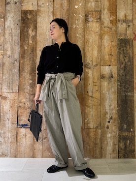 「かぐれ（カグレ）のコットンハイゲージポロニットカーディガン（カーディガン/ボレロ、ブラック系）」を使った、クボさん（レディース・161cm）の春コーディネート