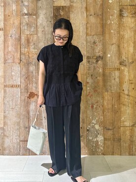 「かぐれ（カグレ）のフロント刺繍フレンチブラウス（シャツ/ブラウス）」を使った、クボさん（レディース・161cm）の夏コーディネート