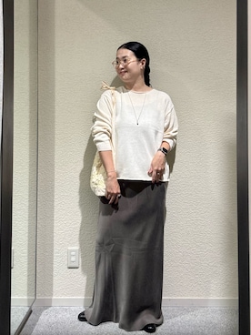 「かぐれ（カグレ）のドライコットンボートネックニット（ニット/セーター、ホワイト系）」を使った、クボさん（レディース・161cm）の秋コーディネート