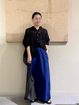 「かぐれ（カグレ）のラミーワイドシアーシャツ（シャツ/ブラウス、ブラック系）」を使った、クボさん（レディース・161cm）の夏コーディネート