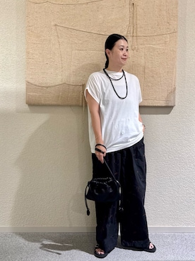 「かぐれ（カグレ）のフレンチスリーブカットソー（Tシャツ/カットソー、ホワイト系）」を使った、クボさん（レディース・161cm）の夏コーディネート