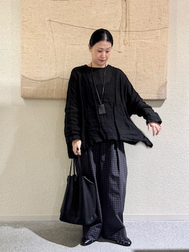 「かぐれ（カグレ）のリネンボイルワイドプルオーバー（シャツ/ブラウス、ブラック系）」を使った、クボさん（レディース・161cm）の春コーディネート