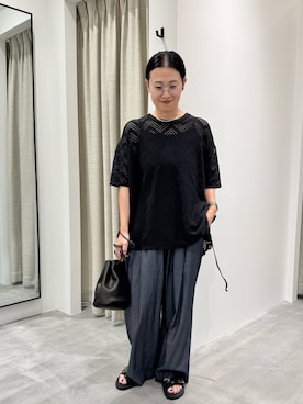 「かぐれ（カグレ）のunfil　PATTERN MESH RUFFLED T-SHIRTS（Tシャツ/カットソー、ブラック系）」を使った、クボさん（レディース・161cm）の夏コーディネート
