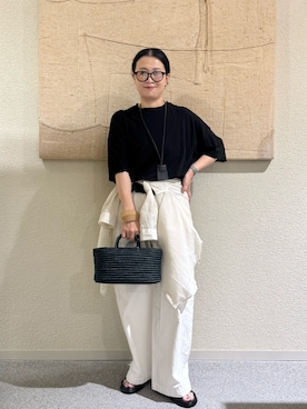 「かぐれ（カグレ）のハイツイストコットン半袖Tシャツ（Tシャツ/カットソー、ブラック系）」を使った、クボさん（レディース・161cm）の夏コーディネート