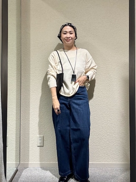 「かぐれ（カグレ）のドライコットンボートネックニット（ニット/セーター、ホワイト系）」を使った、クボさん（レディース・161cm）の秋コーディネート