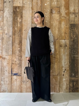 「かぐれ（カグレ）のクロップドボーダーカットソー（Tシャツ/カットソー、ブラック系）」を使った、クボさん（レディース・161cm）の春コーディネート