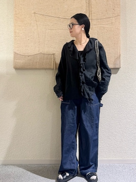 「かぐれ（カグレ）のリネンフリルカラーシャツ（シャツ/ブラウス、ブラック系）」を使った、クボさん（レディース・161cm）の夏コーディネート