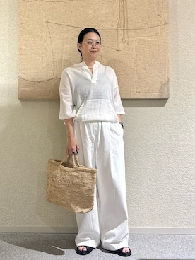 「かぐれ（カグレ）のコットンリネンポケットプルオーバー（シャツ/ブラウス、ホワイト系）」を使った、クボさん（レディース・161cm）の夏コーディネート