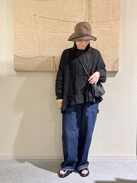「かぐれ（カグレ）のリネンボイルワイドプルオーバー（シャツ/ブラウス、ブラック系）」を使った、クボさん（レディース・161cm）の春コーディネート